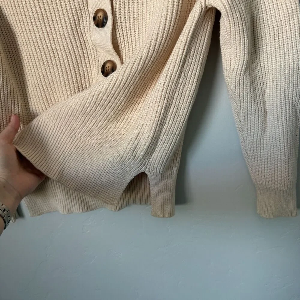 Cream Ribbed Knit Henley Sweater Size S V Neck Button Up Chunky Long Sleeve